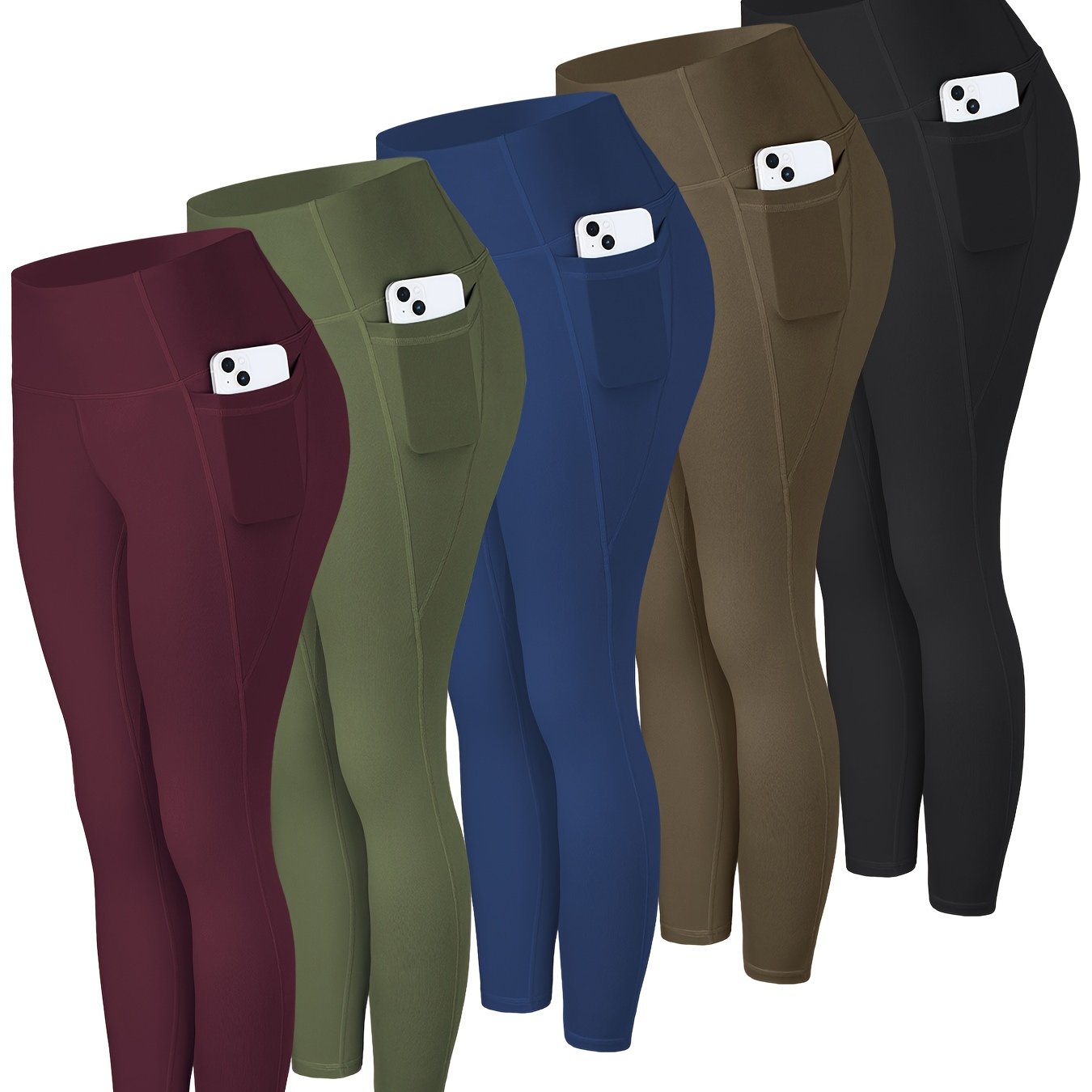 5pcs Multi-Color Pack (Maroon/Blue/Black/Olive) Women's High-Waisted Leggings with Side Pockets - Non-See-Through & Casual Pants, Stretchy Cropped Bottoms (Nine-Tenths Length), All-Season, Casual Attire, Leggings, Solid Color
