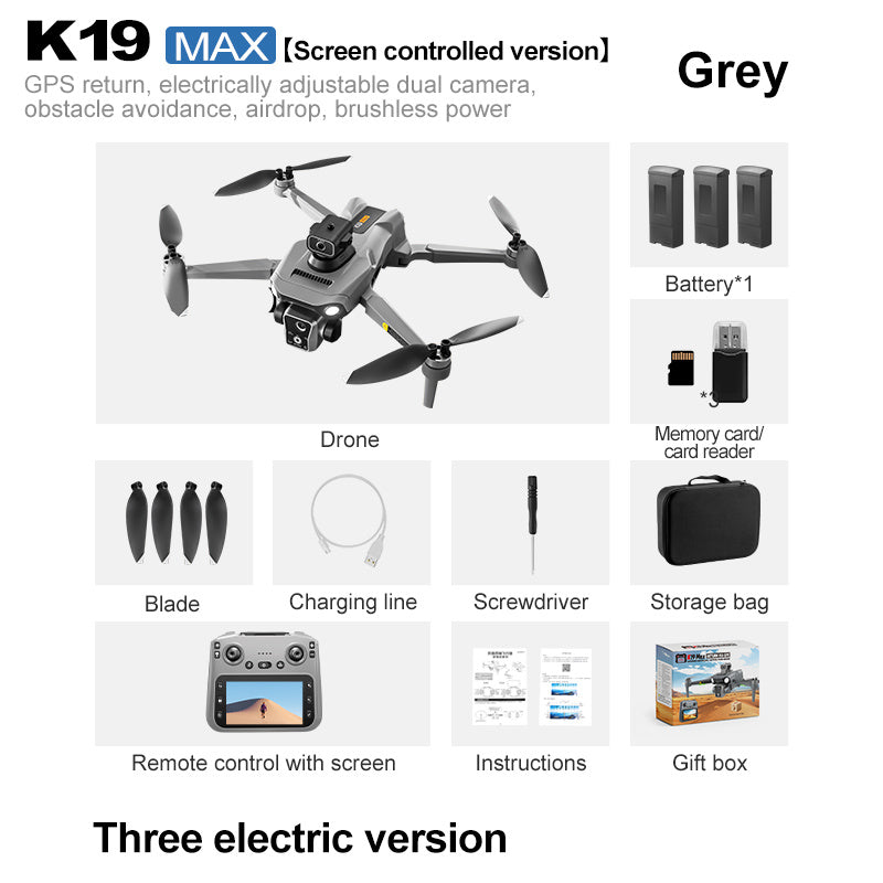 New K19 MAX GPS Folding Drone with Large 4.5-inch LCD Screen And Memory Card, Aerial Drop Function, 5G WiFi FPV First View, 360° Obstacle Avoidance, Brushless Motors, Optical Streaming Positioning, Includes Three Batteries A
