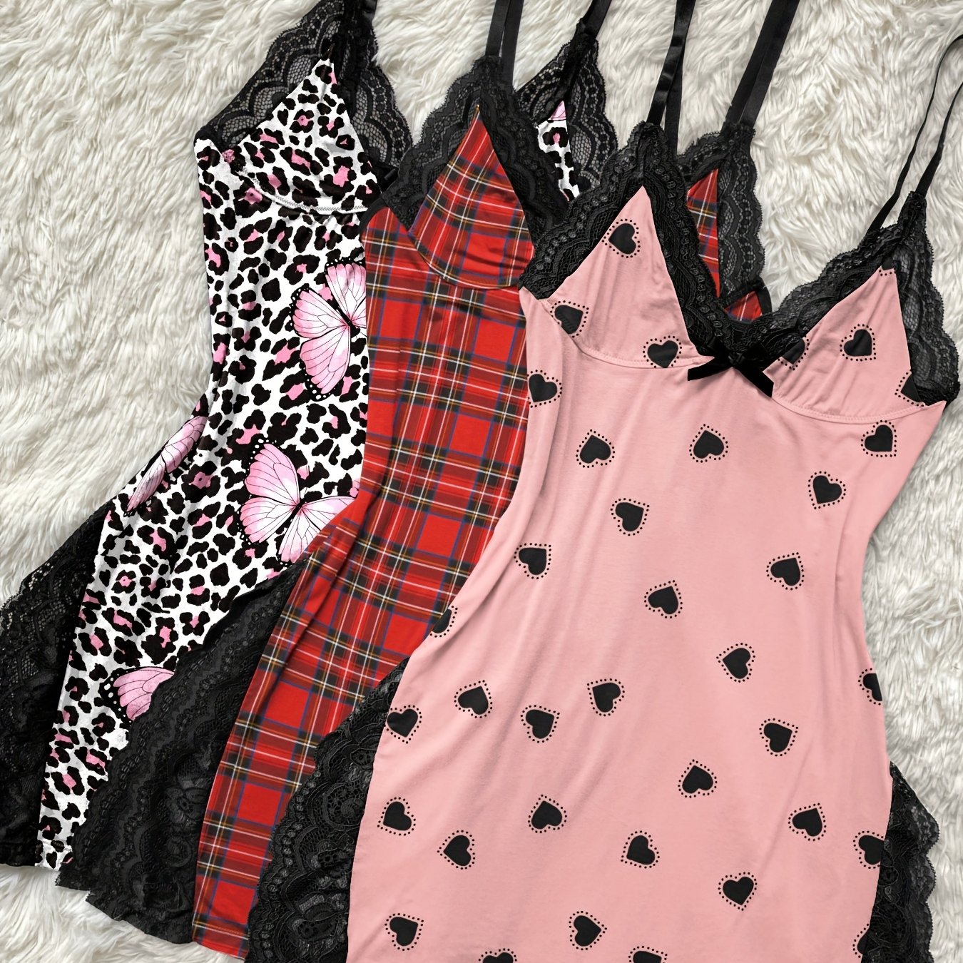 Lace-panelled V-neck Side-opening Nightdresses Set Of Three