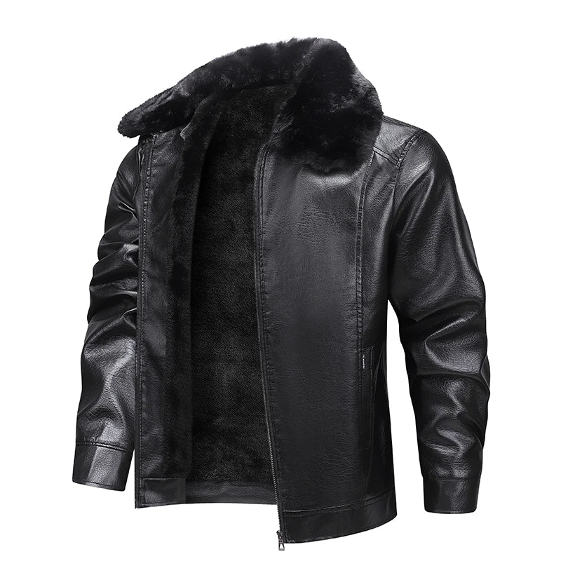 Winter Men Fleece Motor Biker Leather Jacket Man Lapel Thick Outwear Leather Coat Man Vintage Formal Fashion Leather Windbreaker