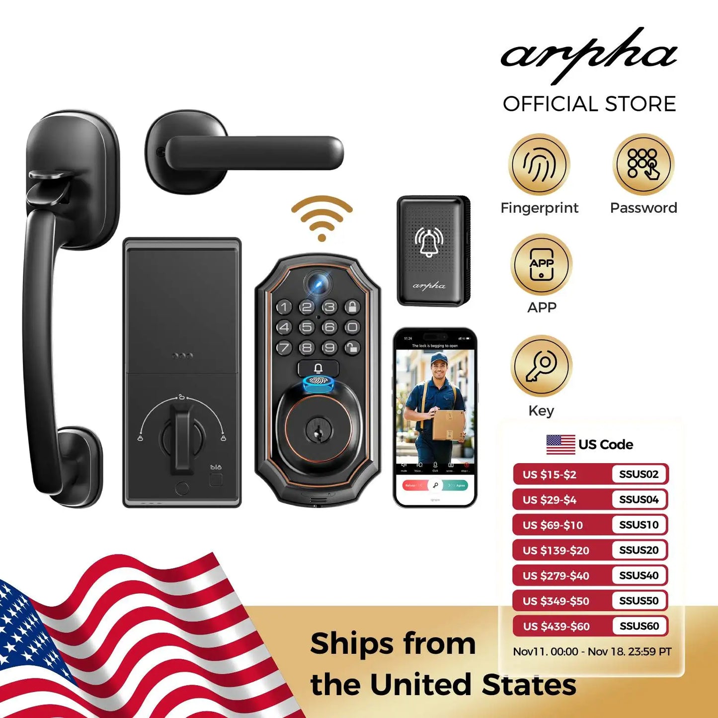 ARPHA Smart Lock D289H Smart WiFi Keyless Door Lock with Camera 5 in 1 Camera Fingerprint Entry App-Controlled Auto-Lock System