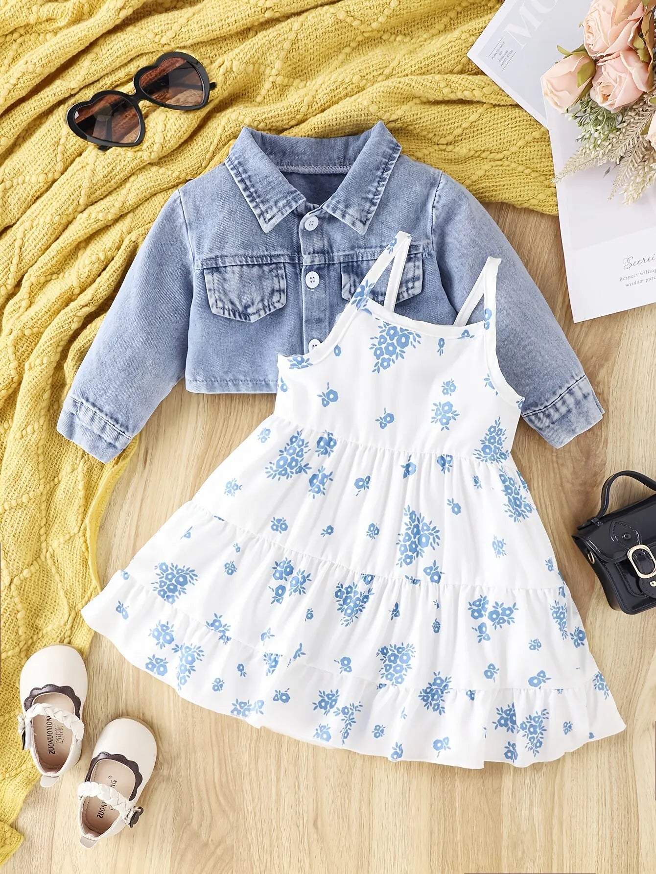 3pieces Four Seasons Leisure Travel Vacation Comfortable Denim Long Sleeve + Floral Dress Set With Halter Sweet Fashion