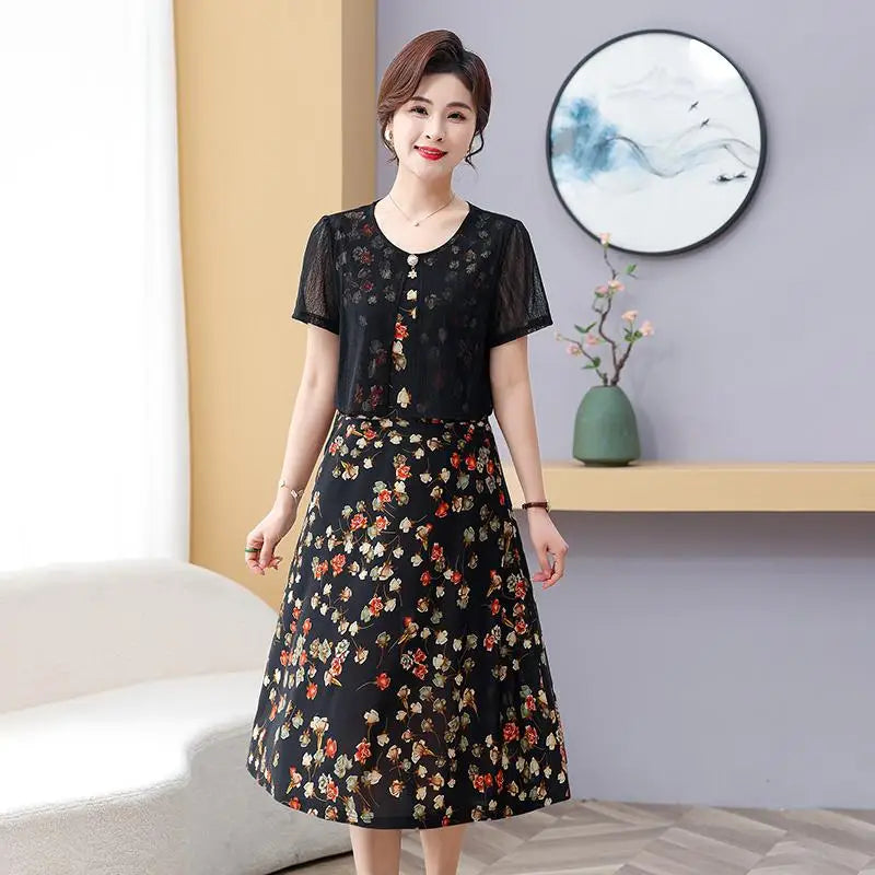 Summer Fake Two Pieces Women's Floral Printed Vestidos Ladies Casual Fashion Short Sleeve Midi Robe Femme Elegant Dress