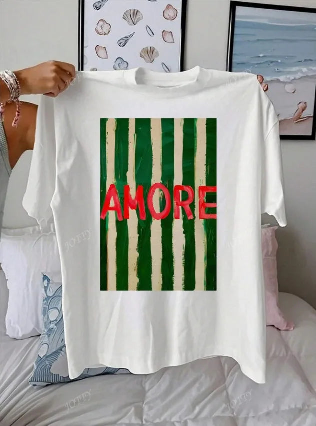 AMORE Striped Art Pattern Summer Outfits Women Casual Round Neck Short Sleeve Cotton T-Shirt Tops