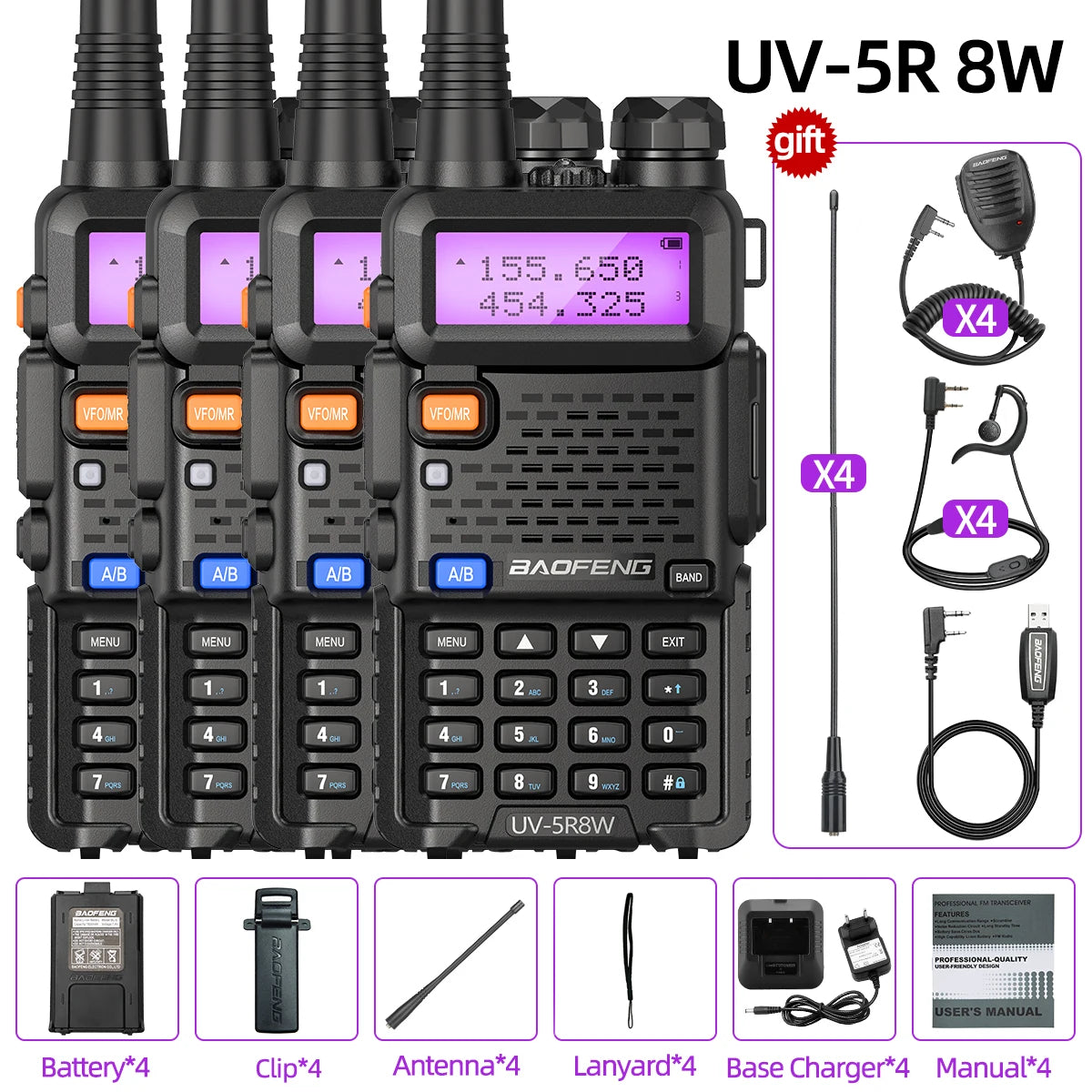 1/2/4 PCS Baofeng UV 5R 8W Walkie Talkie Dual Band VHF UHF Portable FM Amateur 1800mAh UV5R Two way Radio Ham Radio For Climb