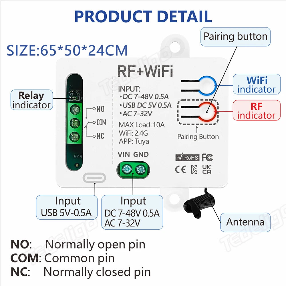 Tuya WiFi Smart Switch 433MHz Wireless Remote Control 1CH AC DC7-32V Controller Smart Home Work With Alexa Google Home Alice