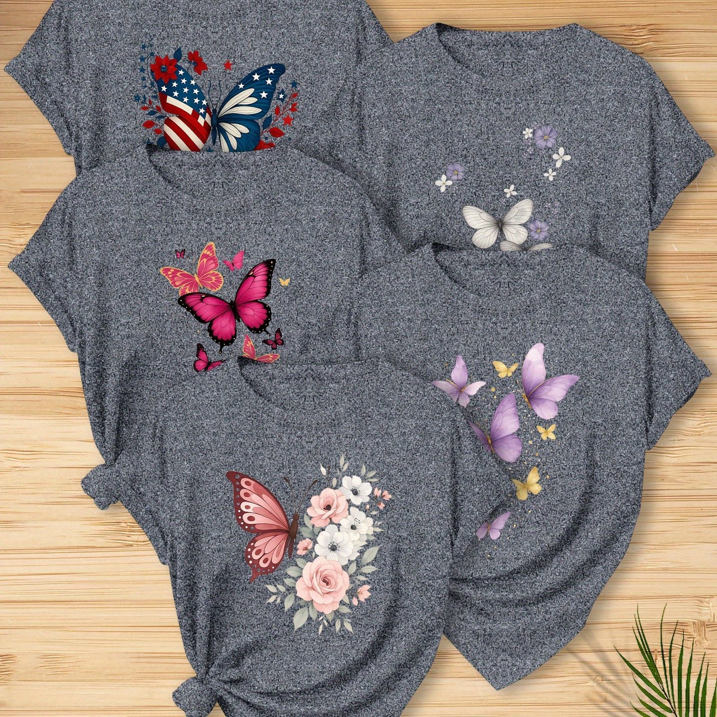 5pcs Women'S Butterfly Print T-Shirts - Vibrant Round Neck Short Sleeve Tops with Floral & Butterfly Designs, Stretchy Casual Summer Tees for Casual Attire, Ladies T Shirts