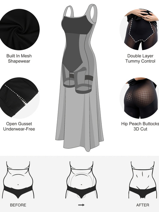 Women'S Elegant Maxi Dress with Built-In Shapewear - Square Neck, Slim A-Line Flare, Removable Padding, Light Support, Solid Color, 8-in-1 Shapewear Dress for Everyday & Formal Events, Formal Attire, Sleek Silhouette, Smooth