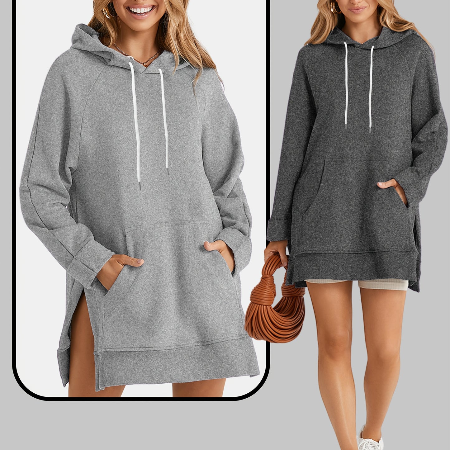 2pcs Large Size Women's Sports Sweatshirt, Hoodie, Drawstring, Wombat Pocket, Split Hem, Pure Material, Suitable for Daily Wear, Shopping And Leisure