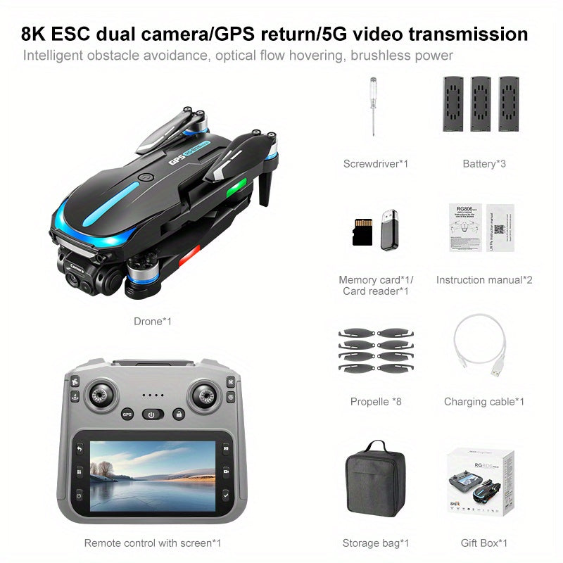 New Foldable Drone With GPS, 8K HD Camera, 5.6-inch Large Screen Remote Controller, 5G Wi-Fi FPV Transmission, Professional Aerial Quadcopter Drone With 3 Batteries, GPS Return To Home, Brushless Motors, Optical Flow Position