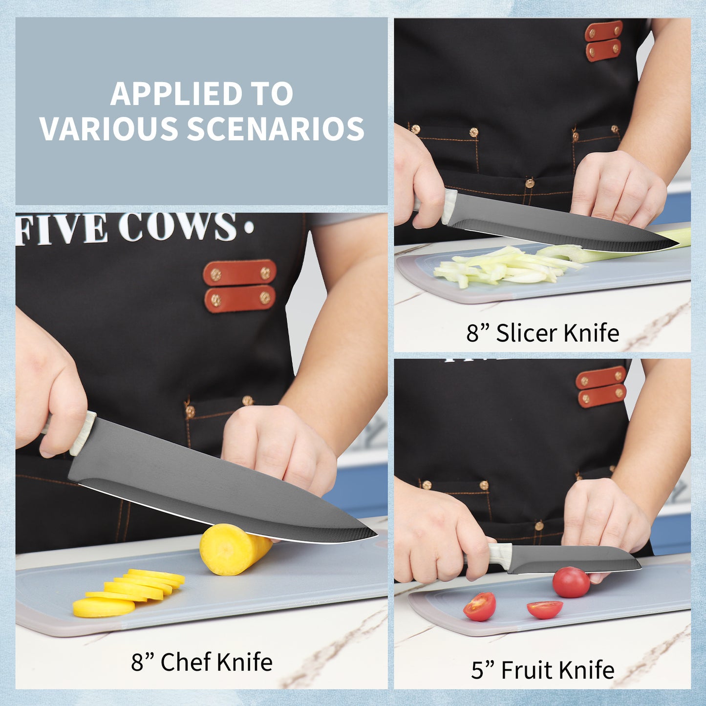 FIVE COWS 16pcs Kitchen knife set for chefs, kitchen knife, bone knife, fruit knife, multi-purpose scissors and fruit knife, with chopping board, anti-cutting device, healthy cooking kitchen knife set, Mom gift first choice