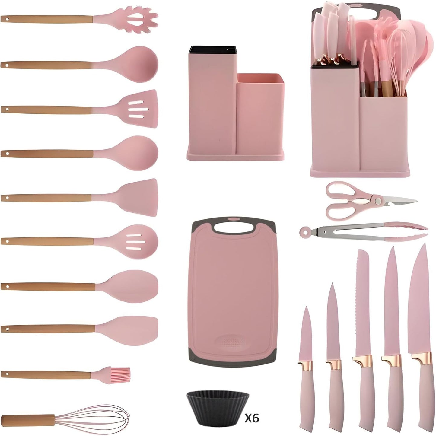 25pcs Kitchen Cooking Utensils And Knife Set with Block, Silicone Cooking Utensils Sharp Stainless Steel Chef Knives Scissors Whisk Tongs And Cutting Board, Kitchen Utensil for Kitchen, Cooking Tools, Home Cooking, Kitchen Ut