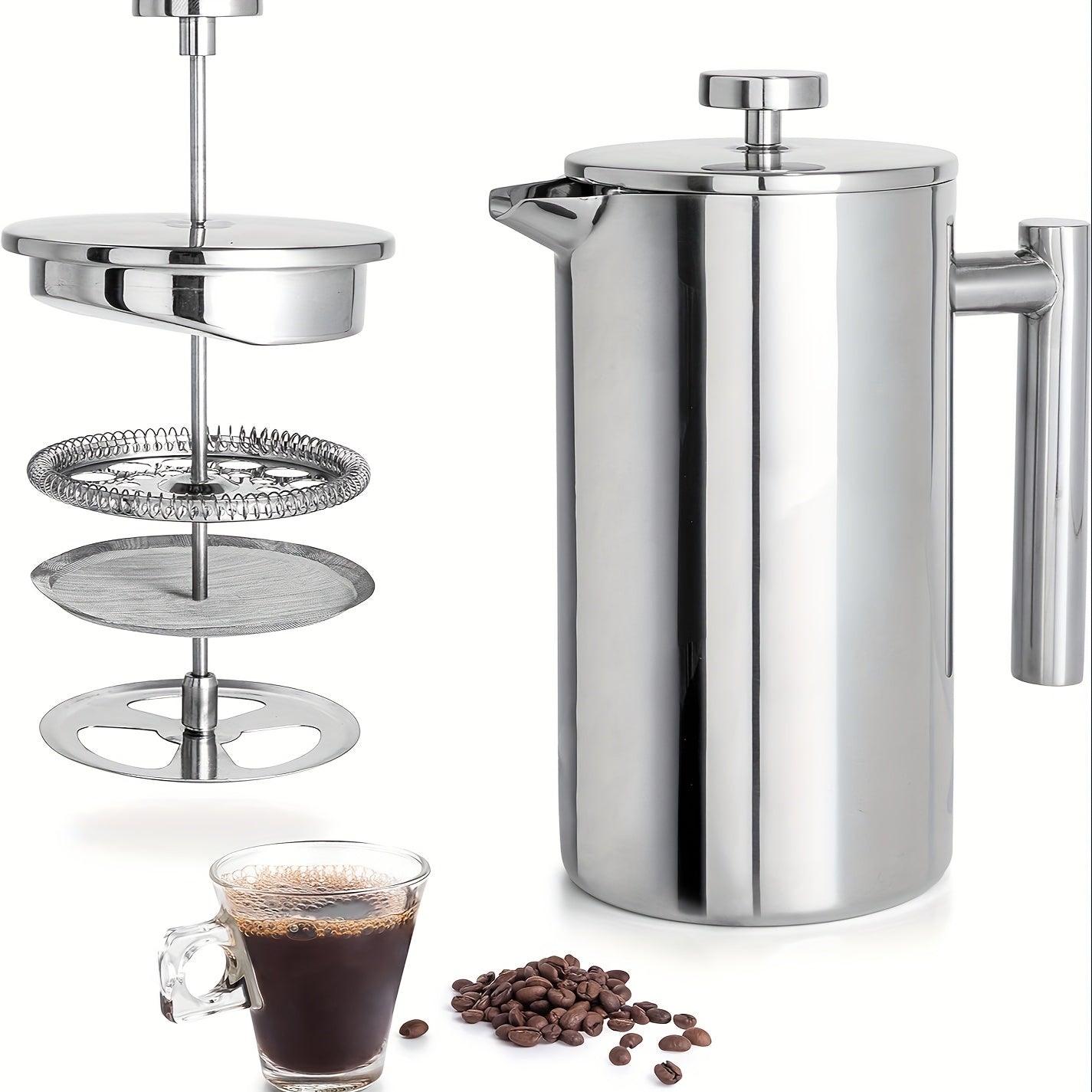 2pcs, French Press Coffee Maker, Stainless Steel French Press Coffee Maker, 4 Filter Heat Resistant, Double Wall Insulated French Press Stainless Steel & Tea Brewer Easy Clean & Easy Press, Tea Maker For Kitchen & Camping, Co