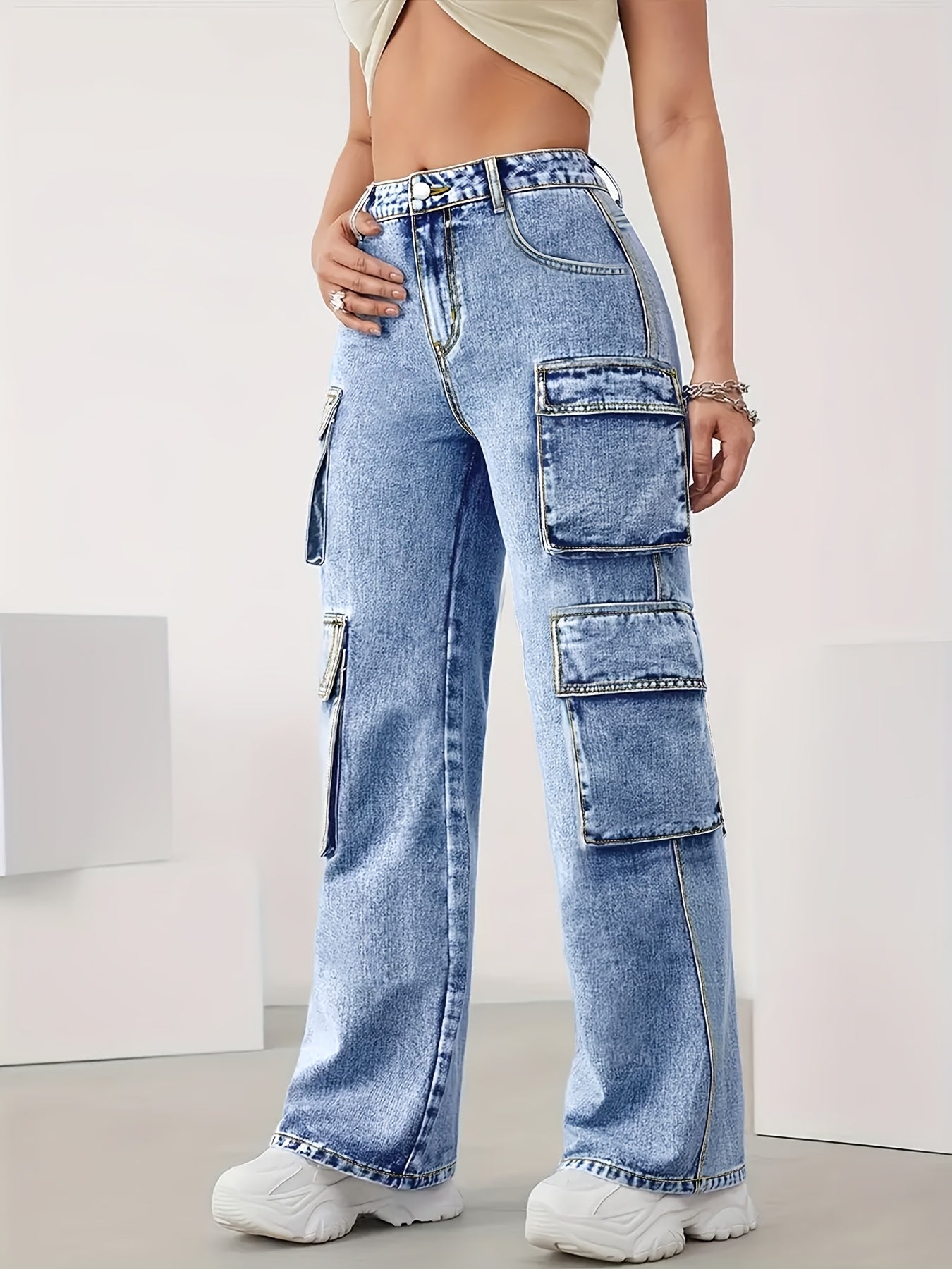 Women's High-Elastic Denim Cargo Jeans | Plus Size | Multi-Pocket Design with Flap Pockets & Zippered Side Pockets | Comfortable Cotton | All-Season Wear | Machine Washable | Street Style Fashion