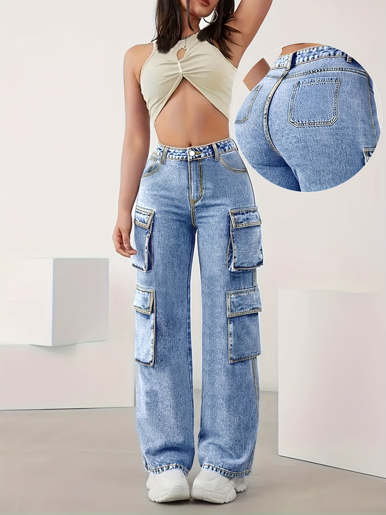 Women's High-Elastic Denim Cargo Jeans | Plus Size | Multi-Pocket Design with Flap Pockets & Zippered Side Pockets | Comfortable Cotton | All-Season Wear | Machine Washable | Street Style Fashion