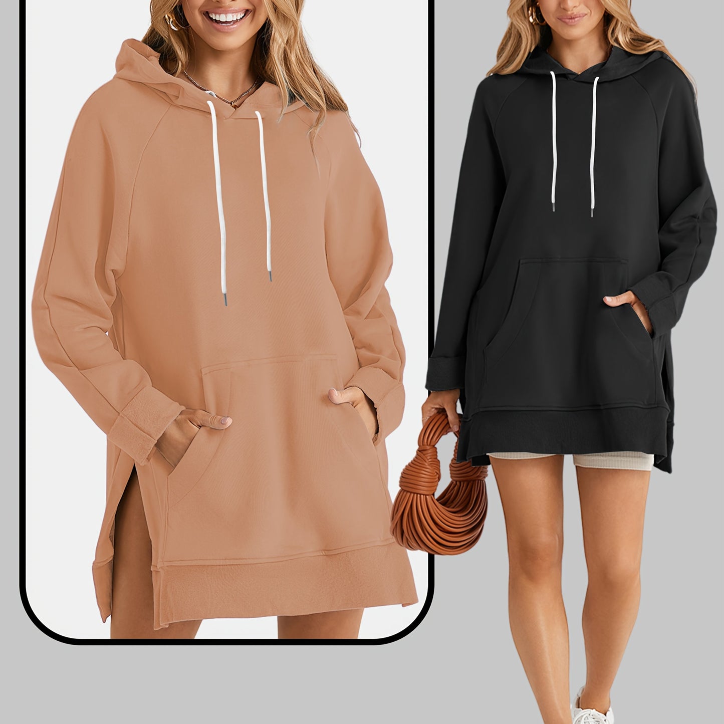 2pcs Large Size Women's Sports Sweatshirt, Hoodie, Drawstring, Wombat Pocket, Split Hem, Pure Material, Suitable for Daily Wear, Shopping And Leisure