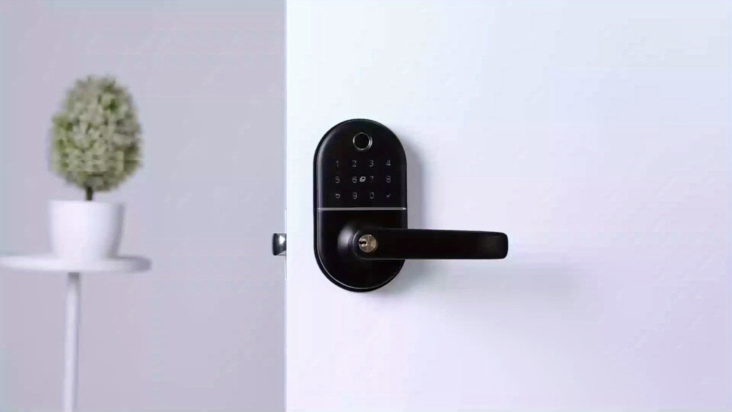 Smart Keypad Door Lock with Handle - Keyless Entry Fingerprint Biometric Lock, Enabled Electronic Deadbolt, App Control & -Peek Keypad, Compatible with Doors (, Black) - Smartphone Lock/Unlock via
