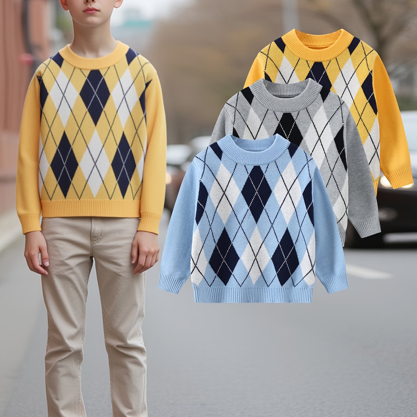 3pcs Boys' Casual Long Sleeve Knit Sweaters - Plaid & Solid Color Pattern, Round Neck, Soft Viscose Blend, Comfortable Fall/Winter Wear for Golf & Casual Outings, Golf Sweater