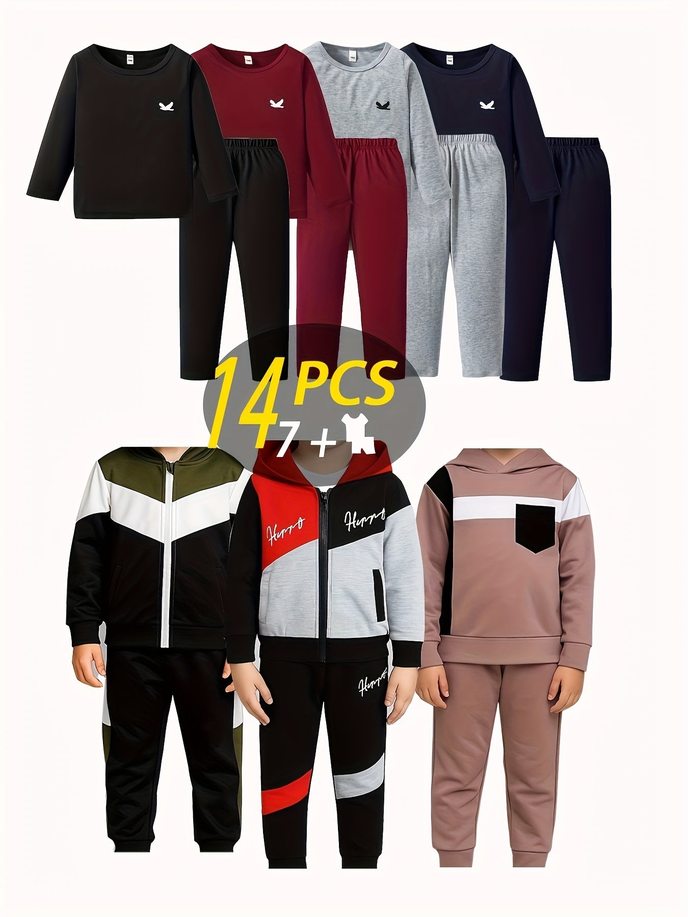 14pcs - Targeted Development New Year Gift Halloween Autumn/Winter New Style Boys' Fashion Long Sleeved Pants Set Pattern Baseball Coat Outer Coat Splicing Cool Printed Sports And Leisure Outdoor Set Seven Piece Top Seven Lon