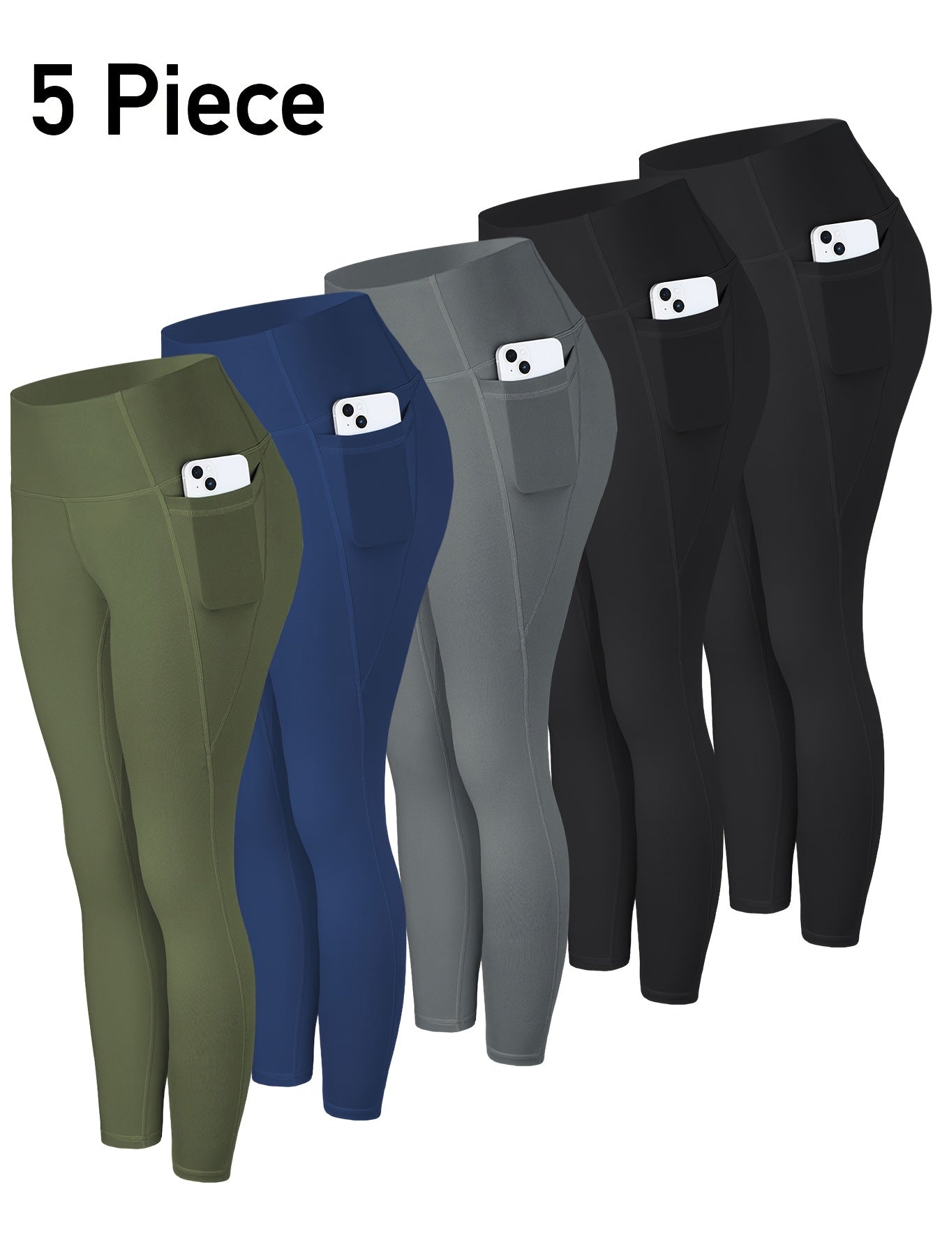5pcs Multi-Color Pack (Maroon/Blue/Black/Olive) Women's High-Waisted Leggings with Side Pockets - Non-See-Through & Casual Pants, Stretchy Cropped Bottoms (Nine-Tenths Length), All-Season, Casual Attire, Leggings, Solid Color