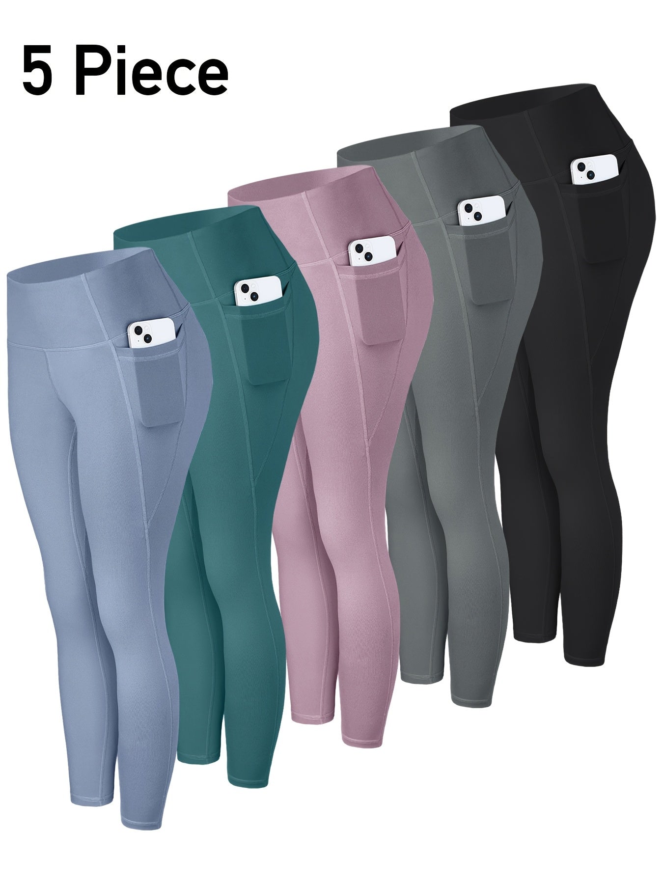 5pcs Multi-Color Pack (Maroon/Blue/Black/Olive) Women's High-Waisted Leggings with Side Pockets - Non-See-Through & Casual Pants, Stretchy Cropped Bottoms (Nine-Tenths Length), All-Season, Casual Attire, Leggings, Solid Color