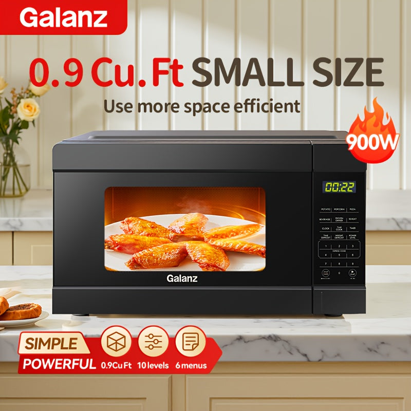 Galanz Small Microwave Oven with 6 Automatic Menus, Child Lock, LED Light, Suitable for Apartments, 0.9 Cu Ft, 10.6-Inch Removable Turntable, 900 Watts, Black