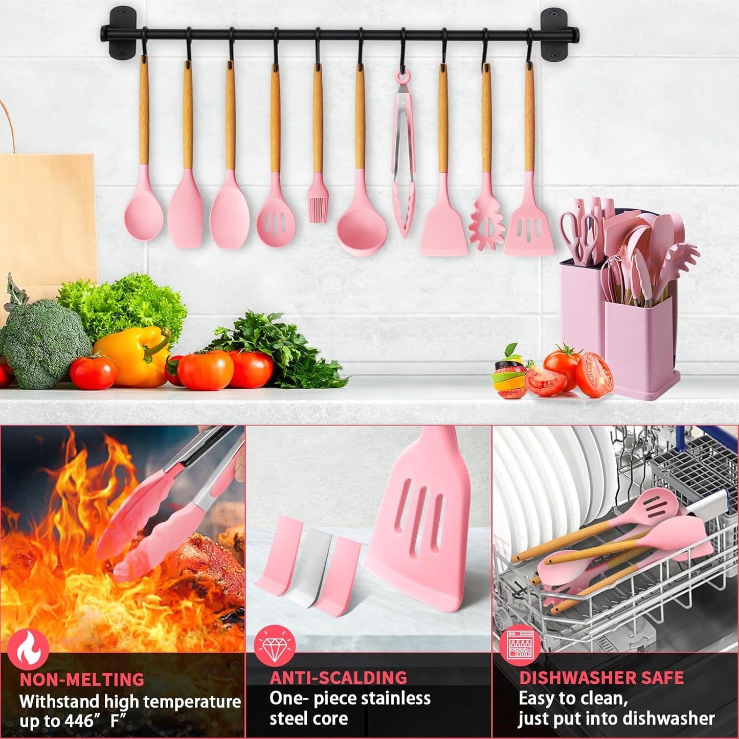 25pcs Kitchen Cooking Utensils And Knife Set with Block, Silicone Cooking Utensils Sharp Stainless Steel Chef Knives Scissors Whisk Tongs And Cutting Board, Kitchen Utensil for Kitchen, Cooking Tools, Home Cooking, Kitchen Ut