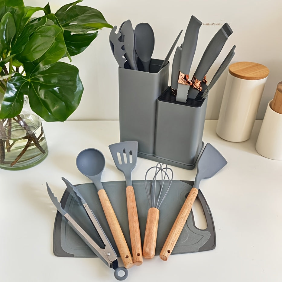 19pcs Non-Toxic Silicone Kitchen & Cutlery Set with Cutting Board, Storage Bucket & Wooden-Handle Utensils - Knives Suitable for Christmas Gifts, Daily & Meat/ Vegetable Chopping