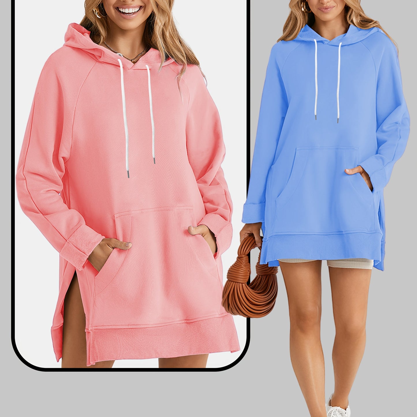 2pcs Large Size Women's Sports Sweatshirt, Hoodie, Drawstring, Wombat Pocket, Split Hem, Pure Material, Suitable for Daily Wear, Shopping And Leisure