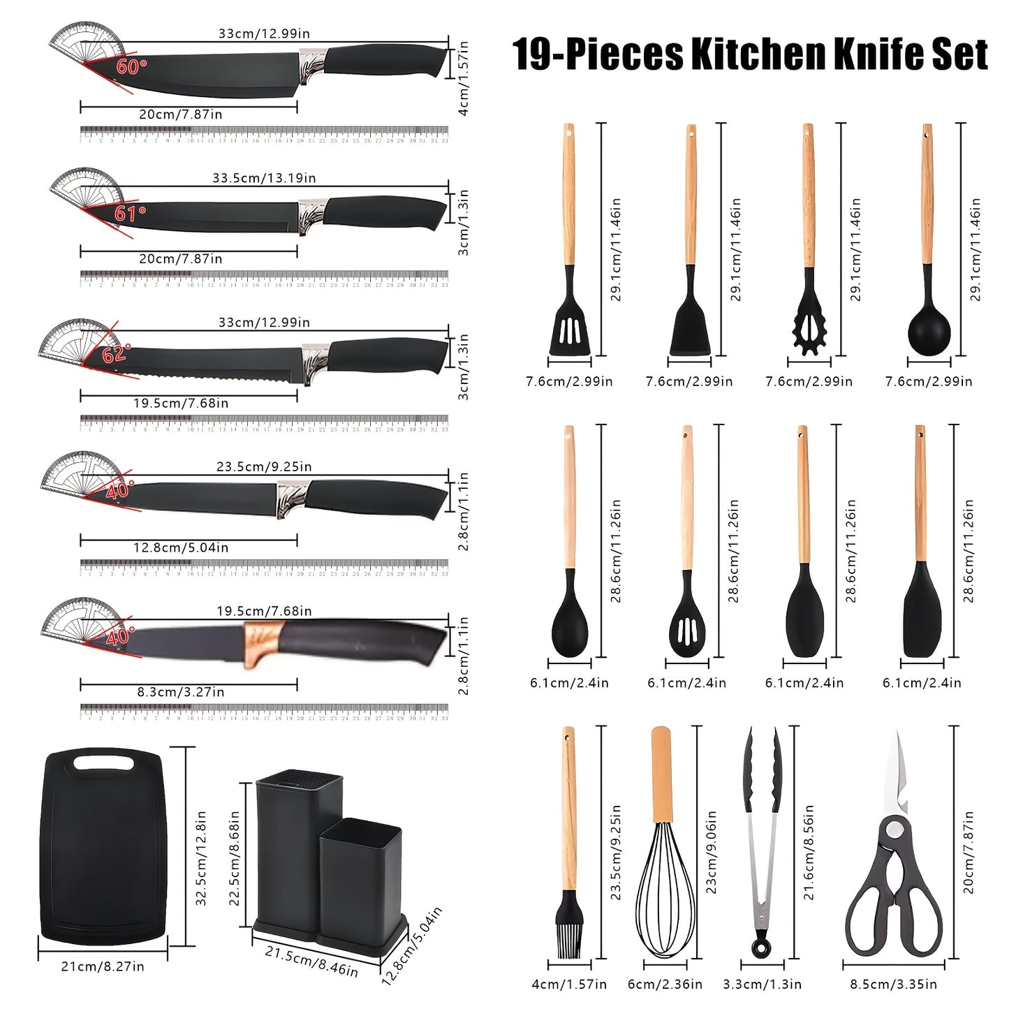 19pcs Non-Toxic Silicone Kitchen & Cutlery Set with Cutting Board, Storage Bucket & Wooden-Handle Utensils - Knives Suitable for Christmas Gifts, Daily & Meat/ Vegetable Chopping