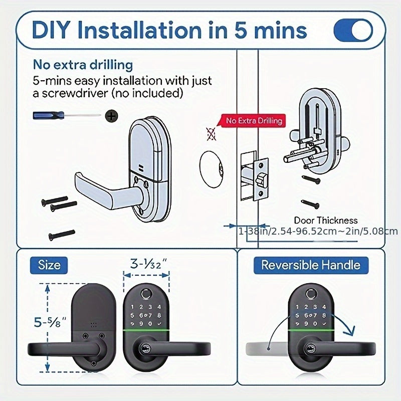 Smart Keypad Door Lock with Handle - Keyless Entry Fingerprint Biometric Lock, Enabled Electronic Deadbolt, App Control & -Peek Keypad, Compatible with Doors (, Black) - Smartphone Lock/Unlock via