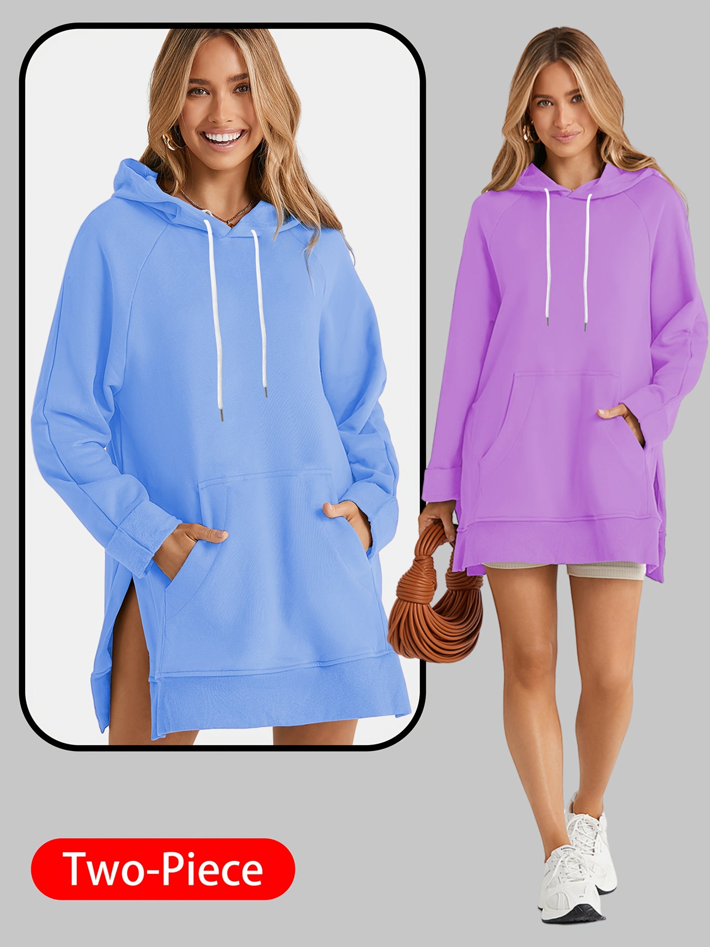 2pcs Large Size Women's Sports Sweatshirt, Hoodie, Drawstring, Wombat Pocket, Split Hem, Pure Material, Suitable for Daily Wear, Shopping And Leisure