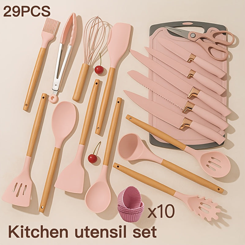 29pcs Non-Stick Cookware Set with Stand - Heavy-Duty Silicone Kitchen Utensils, Heat-Resistant up to 480°F (250°C), Non-Stick Pots, Pans, Spatulas, Whisk, Tongs, Cutting Boards - Complete Cooking Set for Home, Professional,