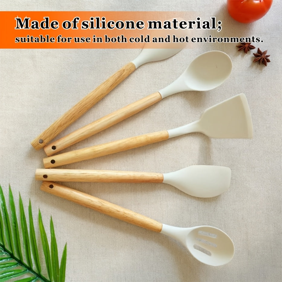 19pcs Non-Toxic Silicone Kitchen & Cutlery Set with Cutting Board, Storage Bucket & Wooden-Handle Utensils - Knives Suitable for Christmas Gifts, Daily & Meat/ Vegetable Chopping