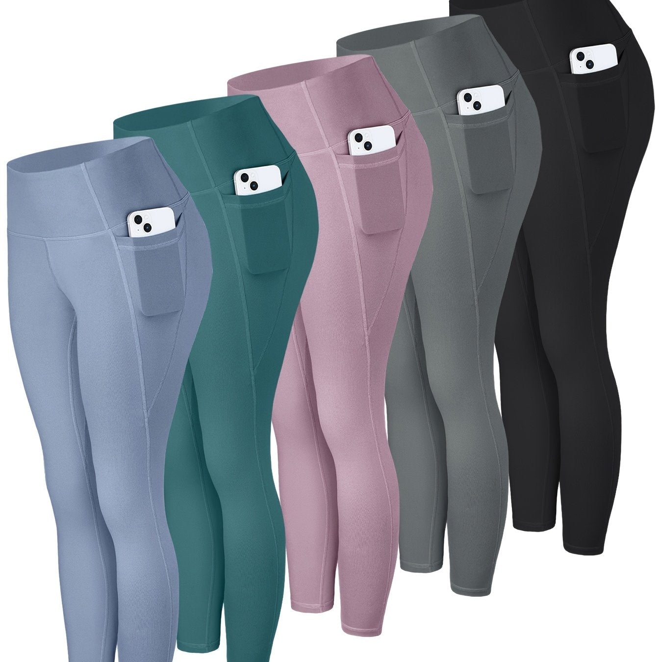 5pcs Multi-Color Pack (Maroon/Blue/Black/Olive) Women's High-Waisted Leggings with Side Pockets - Non-See-Through & Casual Pants, Stretchy Cropped Bottoms (Nine-Tenths Length), All-Season, Casual Attire, Leggings, Solid Color