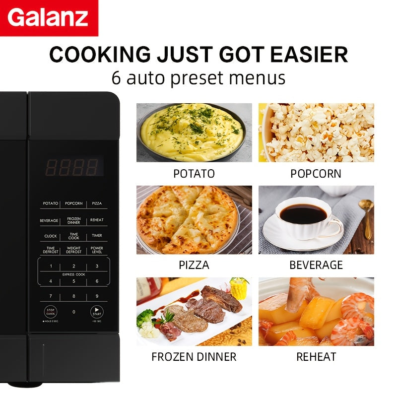 Galanz Small Microwave Oven with 6 Automatic Menus, Child Lock, LED Light, Suitable for Apartments, 0.9 Cu Ft, 10.6-Inch Removable Turntable, 900 Watts, Black