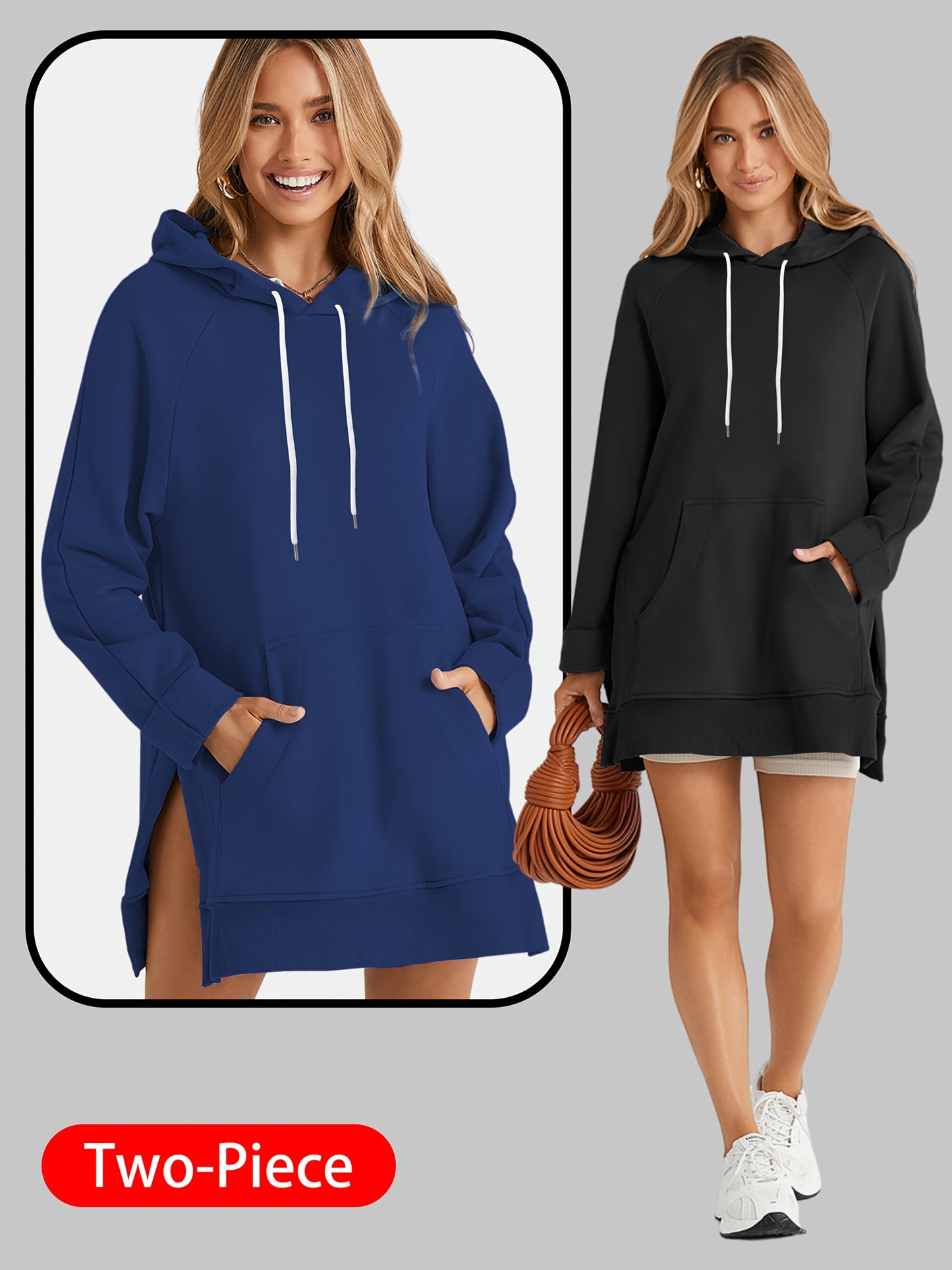 2pcs Large Size Women's Sports Sweatshirt, Hoodie, Drawstring, Wombat Pocket, Split Hem, Pure Material, Suitable for Daily Wear, Shopping And Leisure