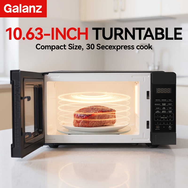 Galanz Sleek Compact Microwave | Black Stainless Steel Finish, 0.9 Cu Ft Small Footprint, 6 Auto Preset Menus & 30s Instant Cook, LED Touch Screen & Efficient Defrost, Stylish Addition to Tiny Kitchens with Big Performance