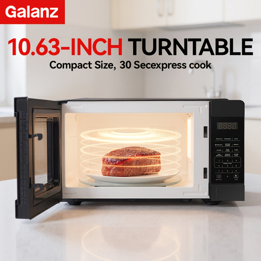 Galanz Sleek Compact Microwave | Black Stainless Steel Finish, 0.9 Cu Ft Small Footprint, 6 Auto Preset Menus & 30s Instant Cook, LED Touch Screen & Efficient Defrost, Stylish Addition to Tiny Kitchens with Big Performance