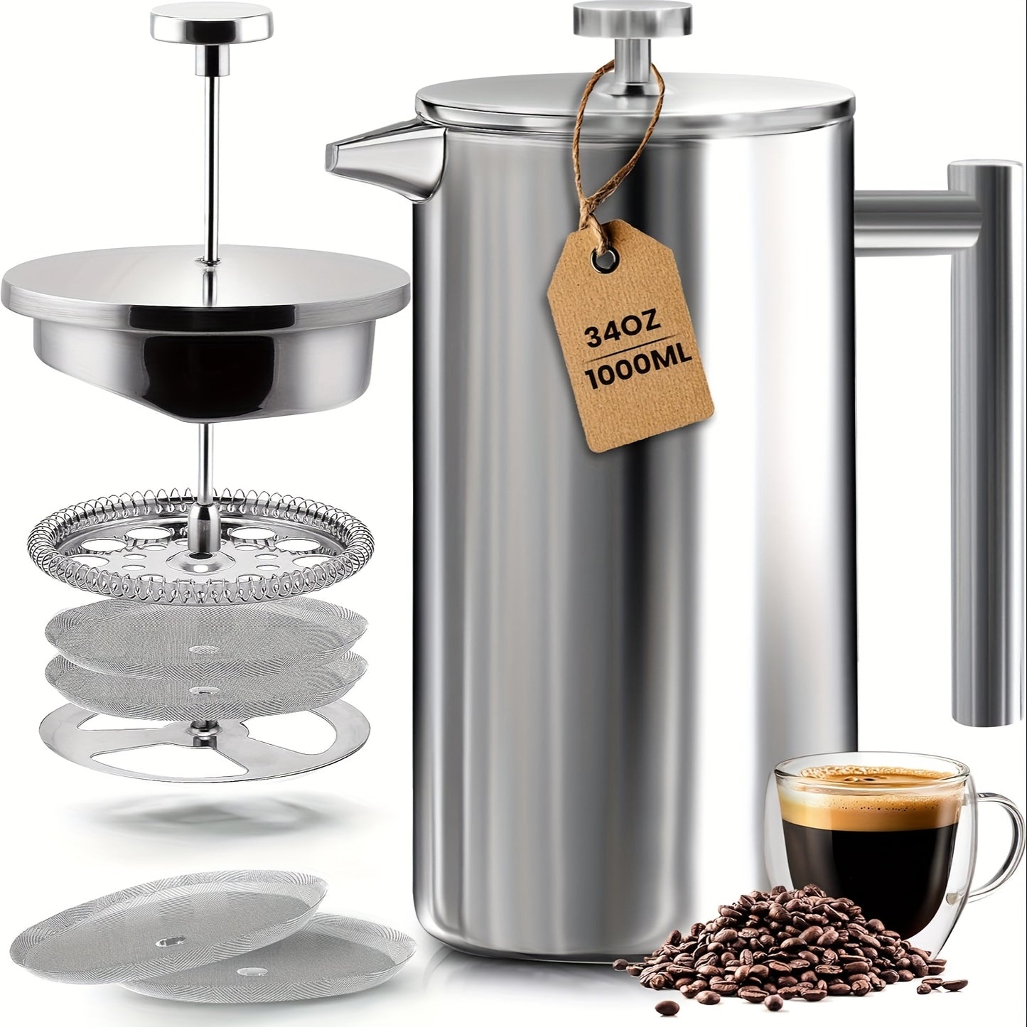 2pcs, French Press Coffee Maker, Stainless Steel French Press Coffee Maker, 4 Filter Heat Resistant, Double Wall Insulated French Press Stainless Steel & Tea Brewer Easy Clean & Easy Press, Tea Maker For Kitchen & Camping, Co