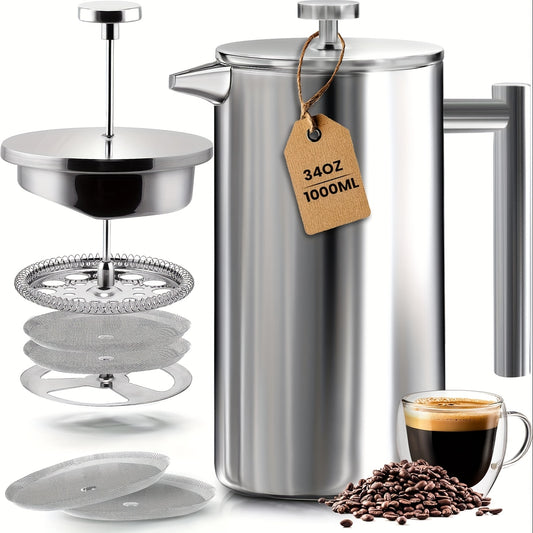 2pcs, French Press Coffee Maker, Stainless Steel French Press Coffee Maker, 4 Filter Heat Resistant, Double Wall Insulated French Press Stainless Steel & Tea Brewer Easy Clean & Easy Press, Tea Maker For Kitchen & Camping, Co