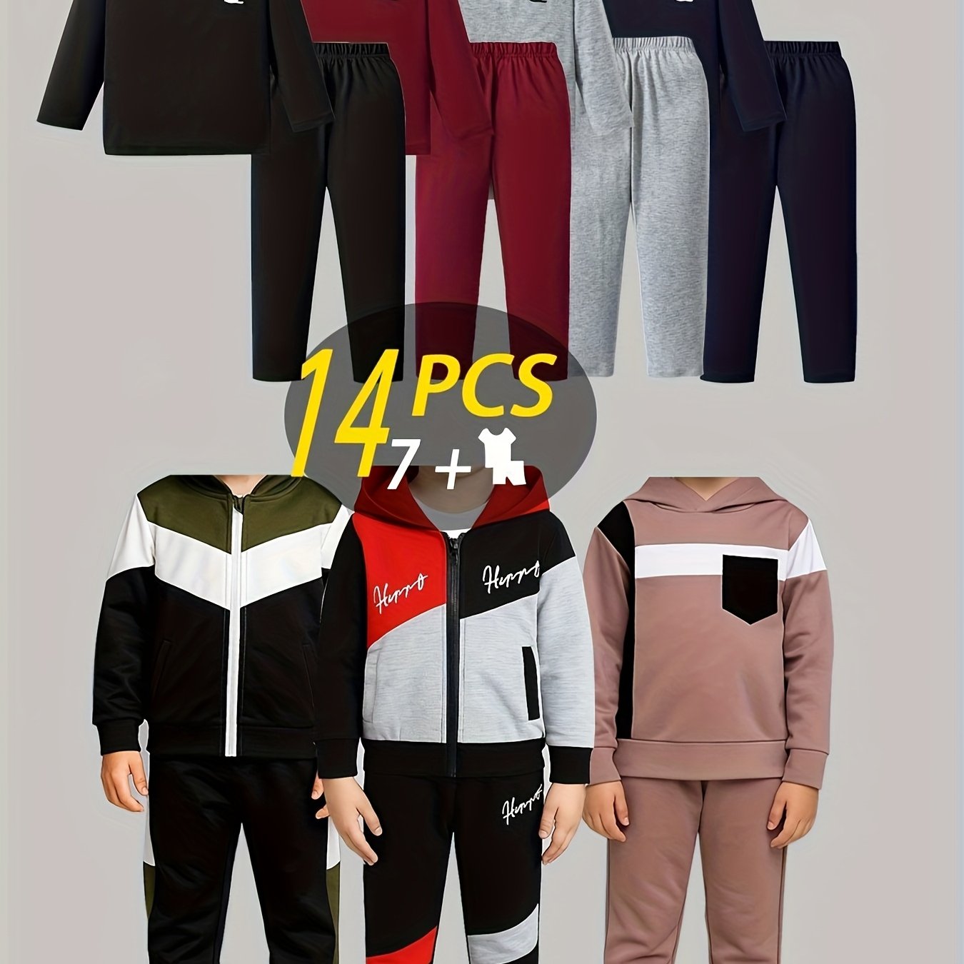 14pcs - Targeted Development New Year Gift Halloween Autumn/Winter New Style Boys' Fashion Long Sleeved Pants Set Pattern Baseball Coat Outer Coat Splicing Cool Printed Sports And Leisure Outdoor Set Seven Piece Top Seven Lon