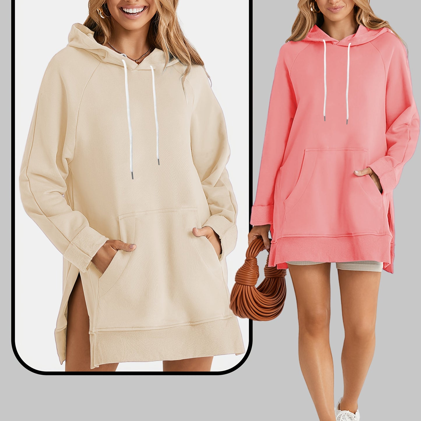 2pcs Large Size Women's Sports Sweatshirt, Hoodie, Drawstring, Wombat Pocket, Split Hem, Pure Material, Suitable for Daily Wear, Shopping And Leisure