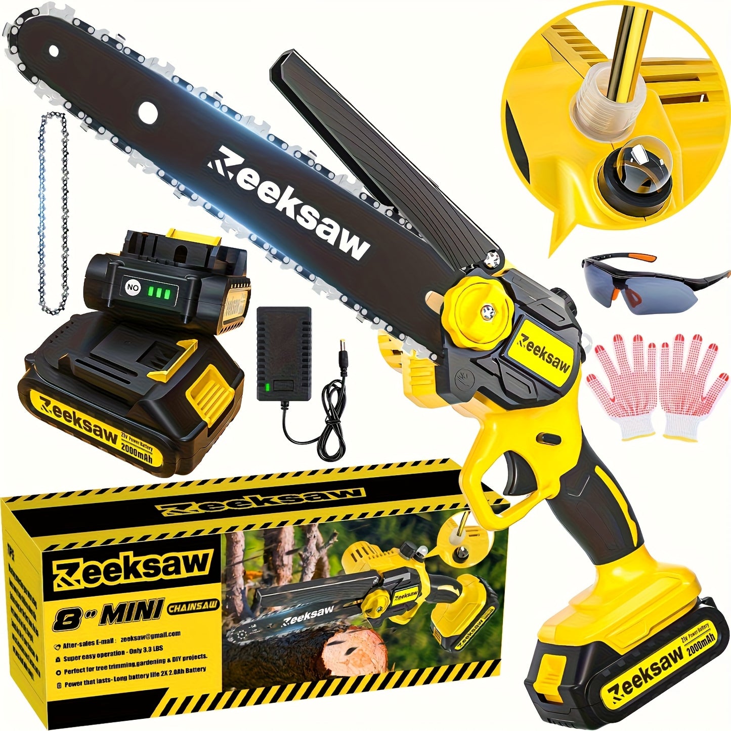 Mini Chainsaw Cordless, 8 Inch Handheld Electric Chain Saw with 2pcs 2.0Ah Battery And Charger, 26ft/S Speed - Automatic Chain Tensioning & Auto Oiler for Tree Branches, Courtyard, Household, And Garden, ZEEKSAW