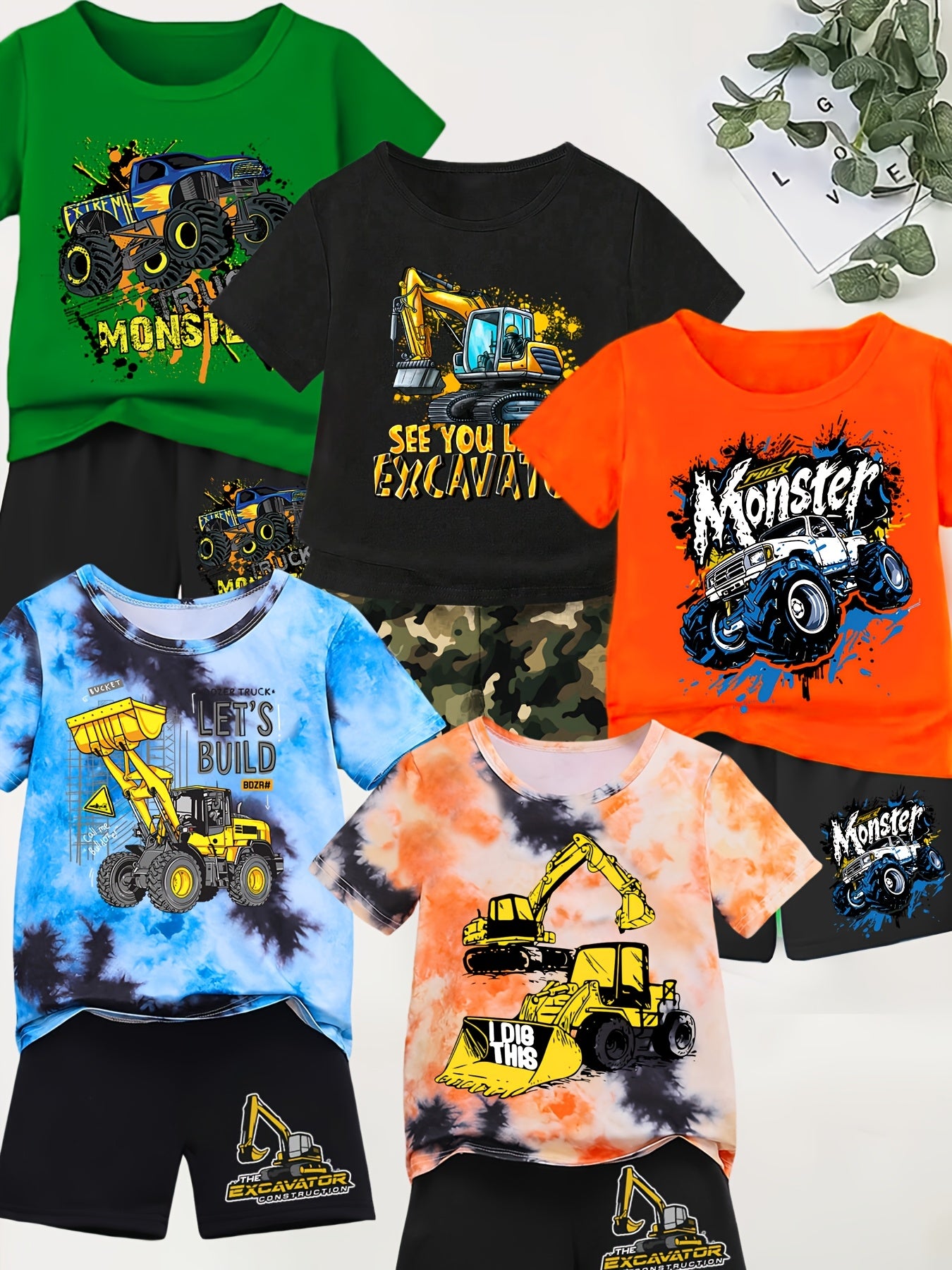 5 Sets Of Boys' T-Shirts And Shorts, Summer Boys' Fashionable Excavator Series Printed Youngsters's Cute Casual Set, Perfect for Outdoor