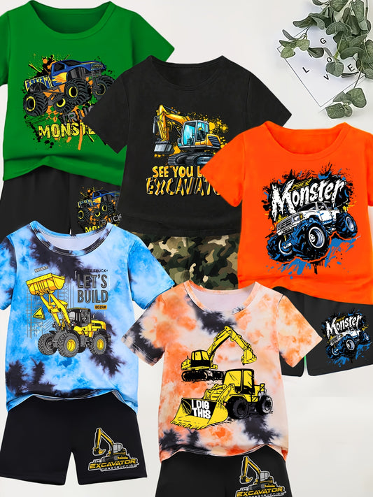 5 Sets Of Boys' T-Shirts And Shorts, Summer Boys' Fashionable Excavator Series Printed Youngsters's Cute Casual Set, Perfect for Outdoor