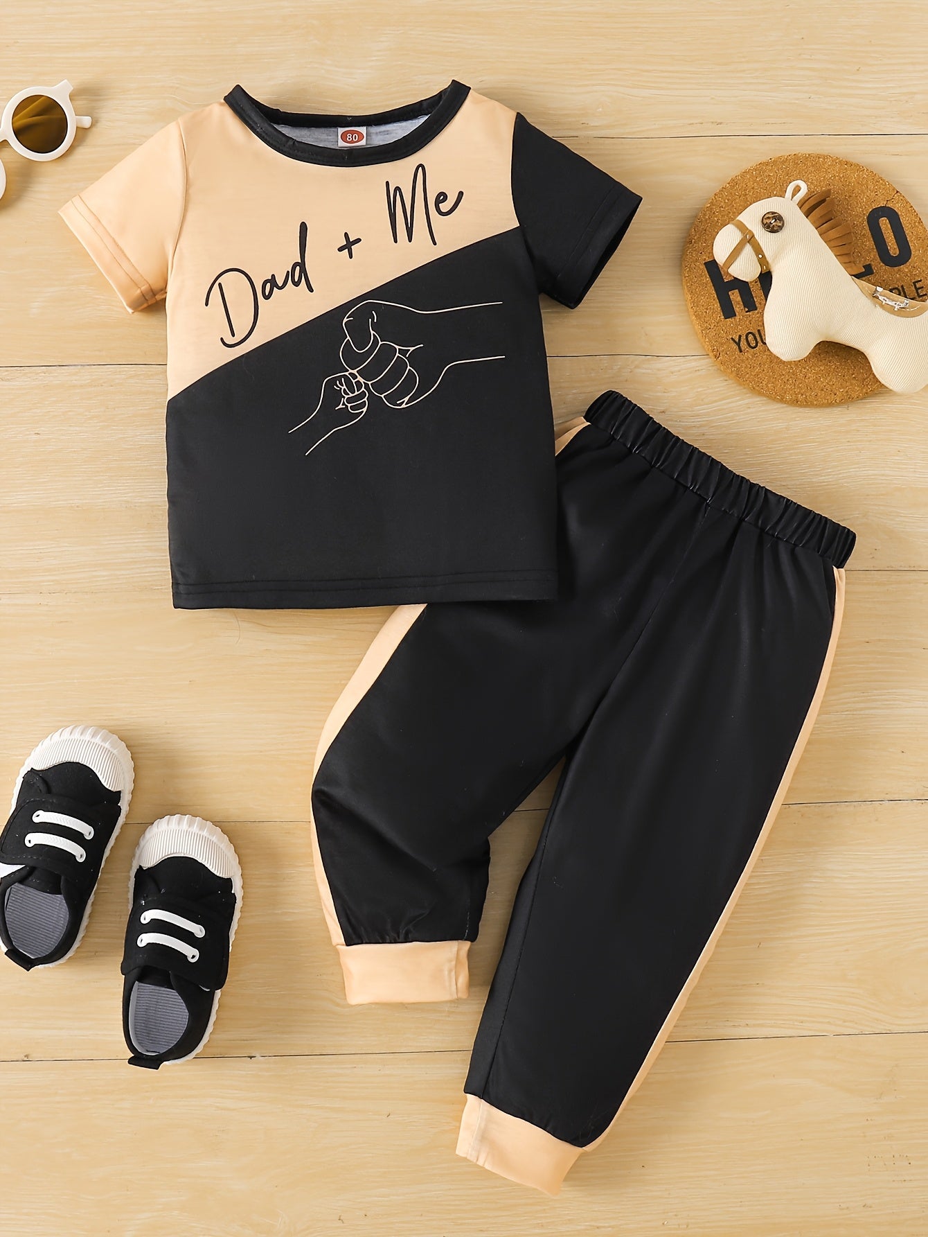 [Playful Kids Clothing] 2-Pack Boys' Cartoon Print Newborn Baby Sets - Playful Kids Clothing | "Dad + Me" & "I Love You" Hand-Drawn Graphics, Black & Orange Contrast, Short Sleeve T-Shirt & Pants, Machine Washable Spring Summ