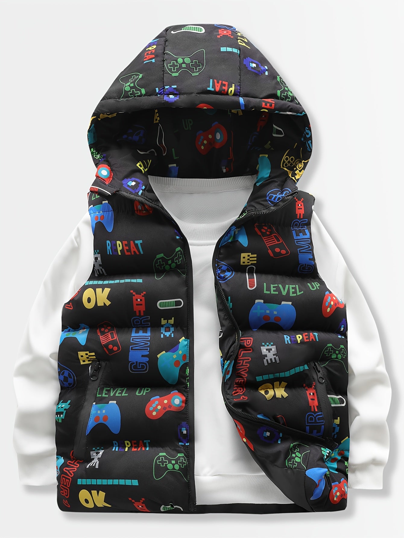 Colorful Alphabet Pattern Boys' Casual Leisure Cartoon Game Machine Zipper Hooded Jacket Vest Coat, for Teenager