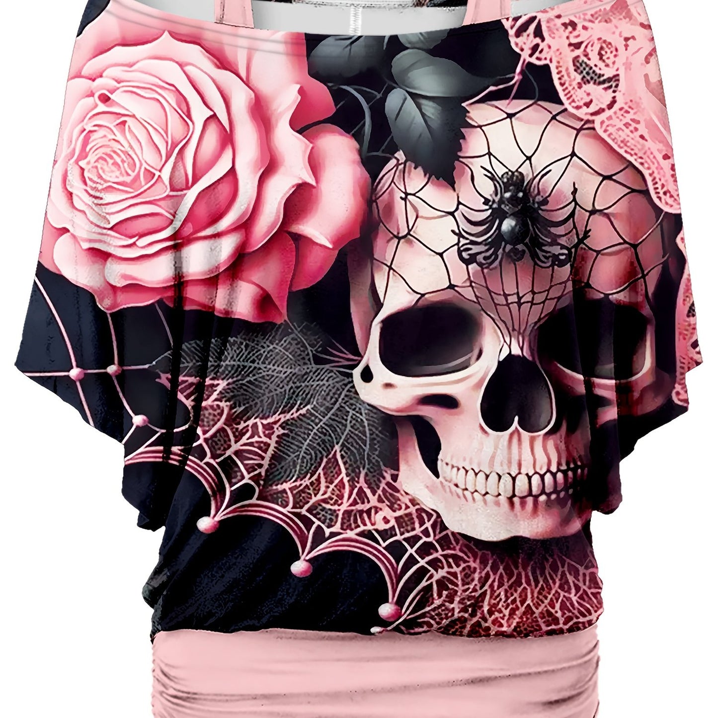 Plus Size - Women'S Gothic Skull & Rose Print T-Shirt - Off-Shoulder, Loose Fit, Short Sleeve, Dark Pink With Black Spider Web & Lace Detailing, Casual Summer Top, Relaxed Fit Tee | Unique Print Top | Digital Print Fabric