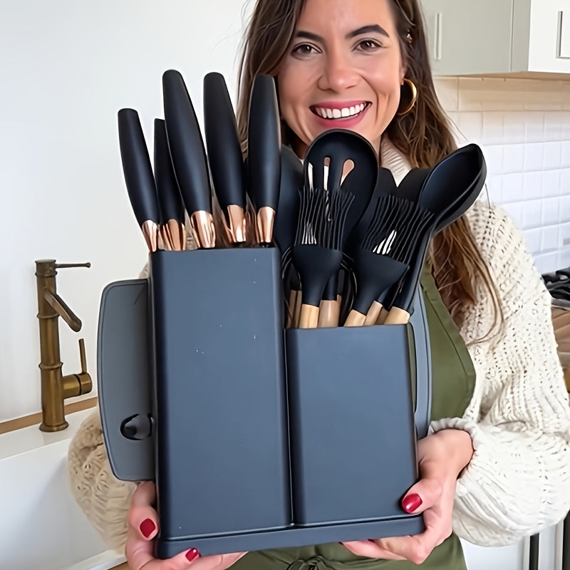 19pcs Non-Toxic Silicone Kitchen & Cutlery Set with Cutting Board, Storage Bucket & Wooden-Handle Utensils - Knives Suitable for Christmas Gifts, Daily & Meat/ Vegetable Chopping